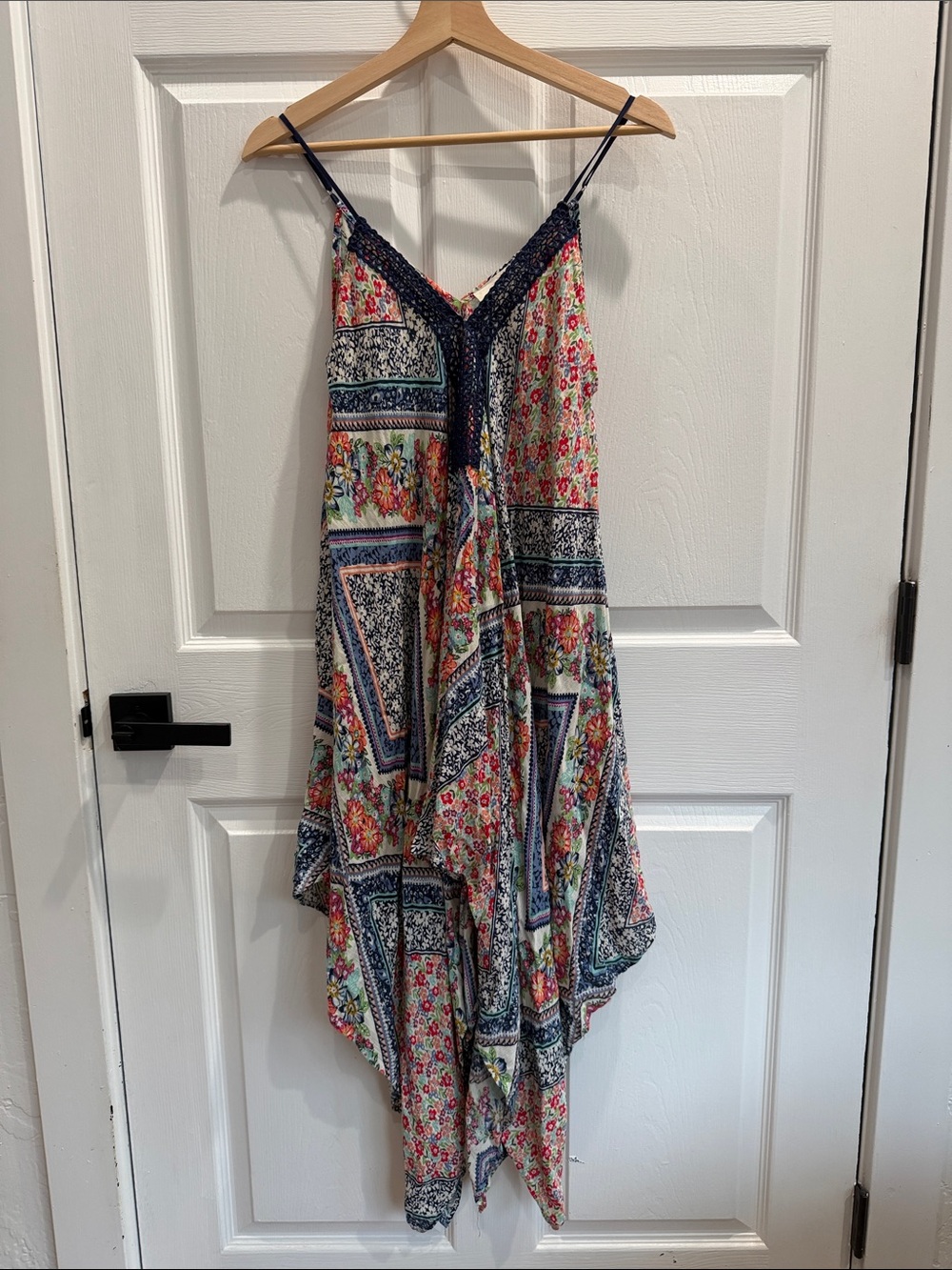 Asymmetrical Floral Patchwork Maxi Dress with Navy Trim